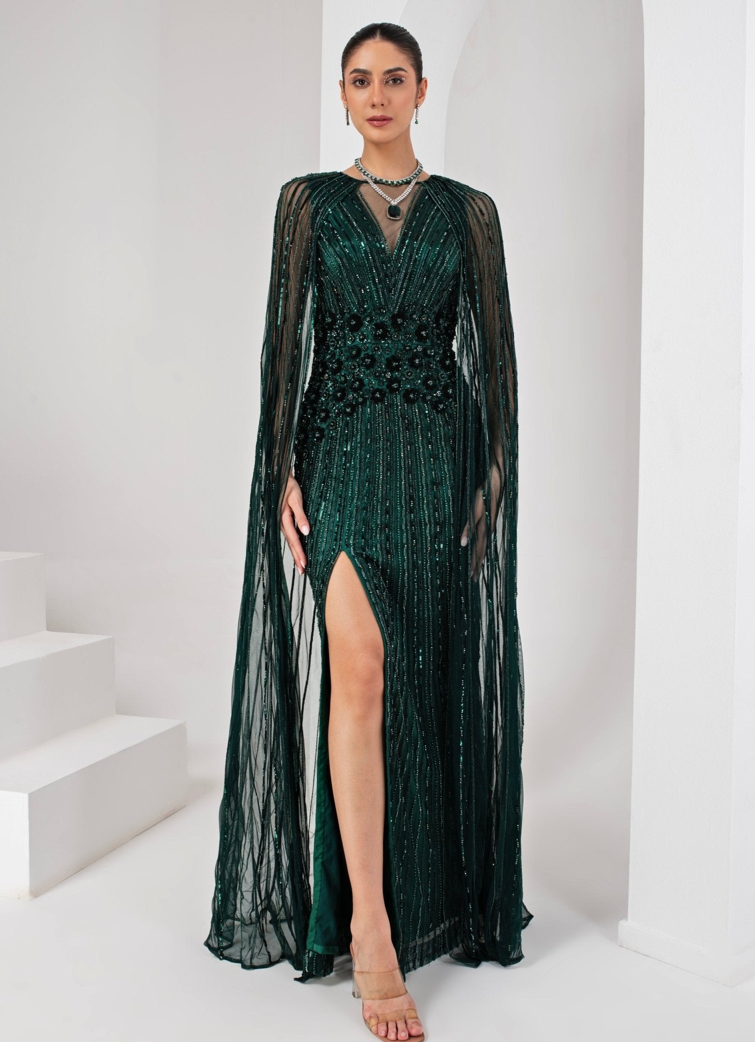 Midnight Green Embroidered Gown with Cape Akara Fabilicious Fashion