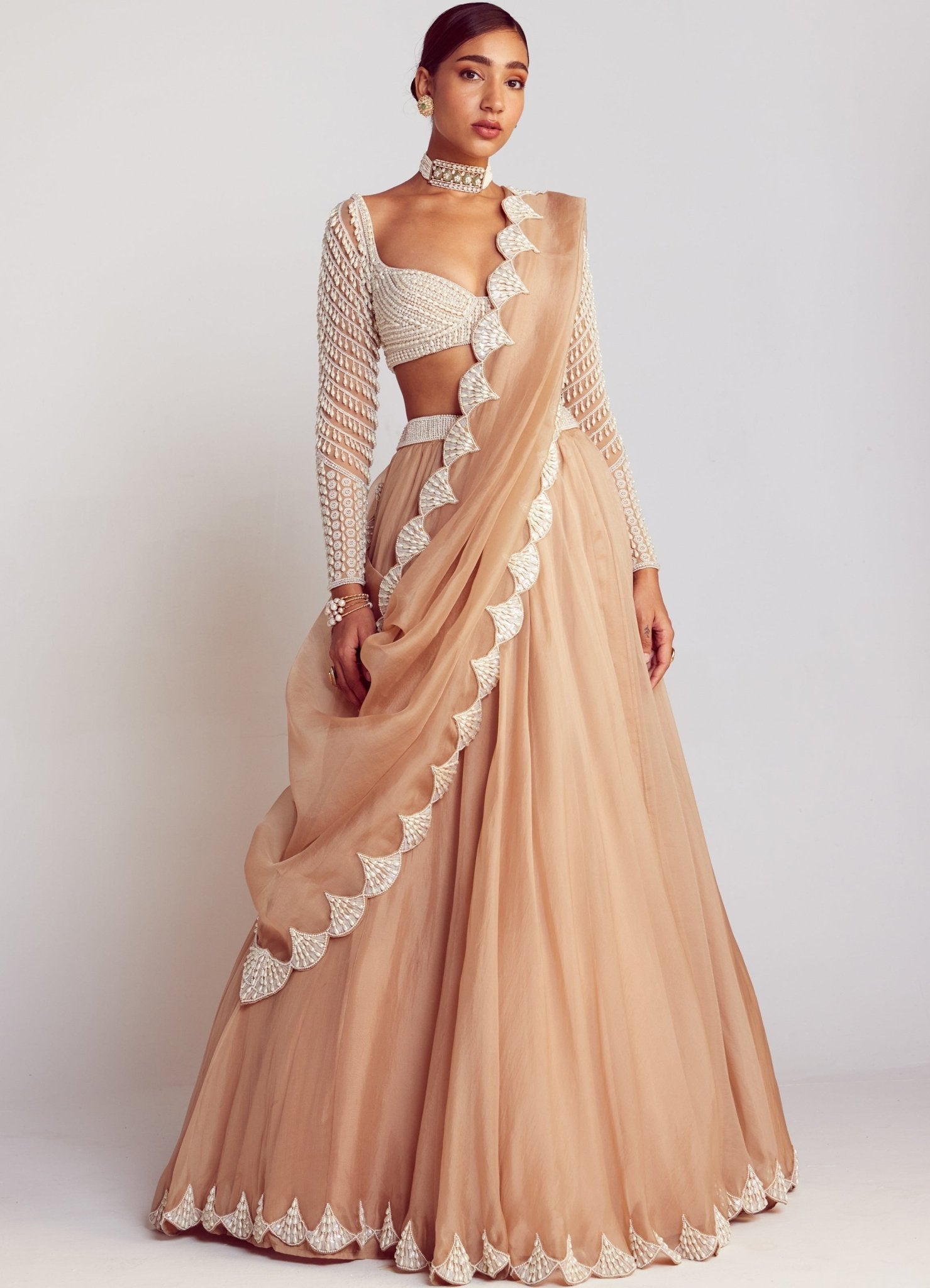 Beige Lehenga Set With Full Sleeved Pearl Embellished Blouse Vvani By Vani Vats Fabilicious Fashion