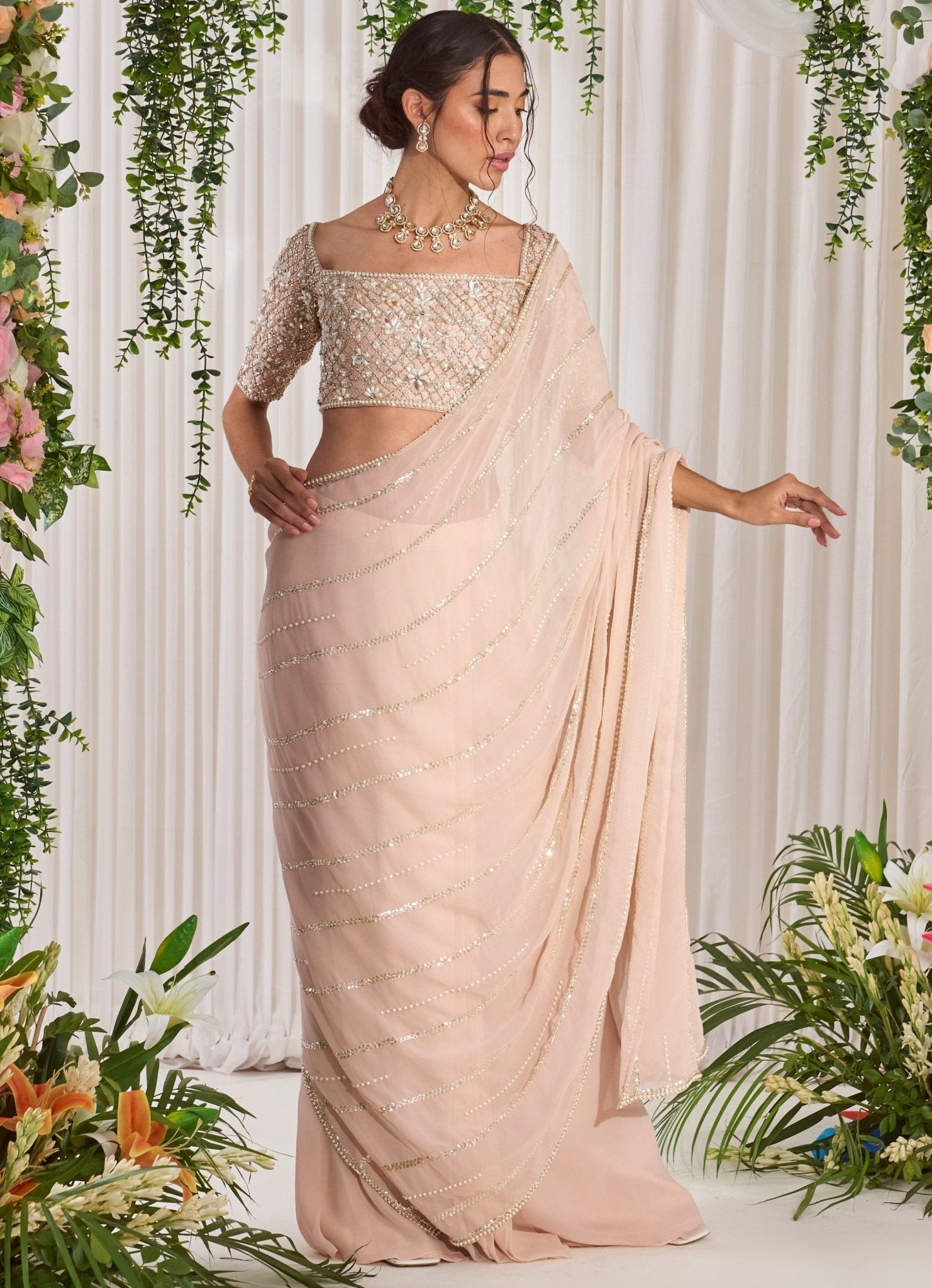 Blush Pink Embroidered Saree Set - Chamee and Palak- Fabilicious Fashion
