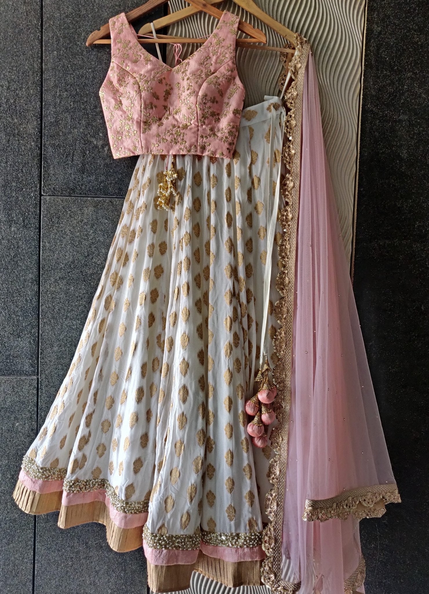 Ivory and Powder Pink Ruffle Lehenga Set