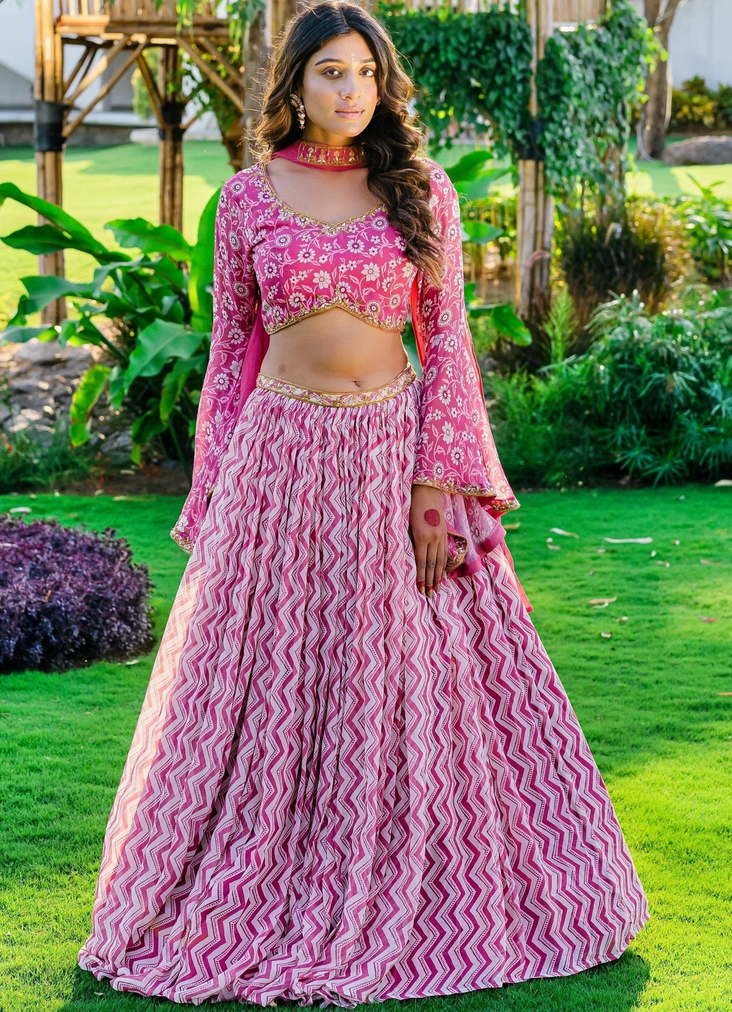 Mauve Printed Embellished Lehenga With Flared Sleeve Blouse And Dupatta -  Redpine- Fabilicious Fashion