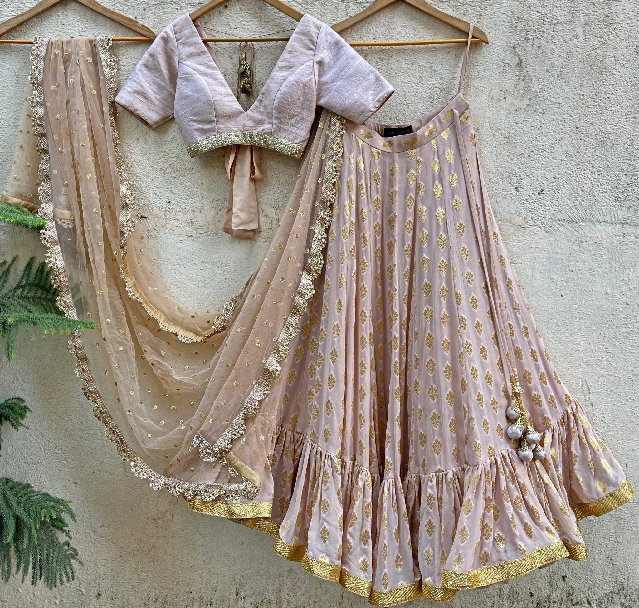 Nude Gold Ruffle Lehenga Set - Priti Sahni- Fabilicious Fashion