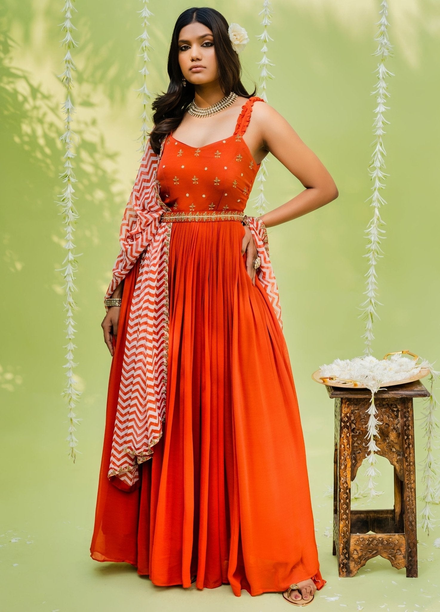 Orange Embellished Anarkali Set With Patterned Dupatta And Belt Redpine Fabilicious Fashion