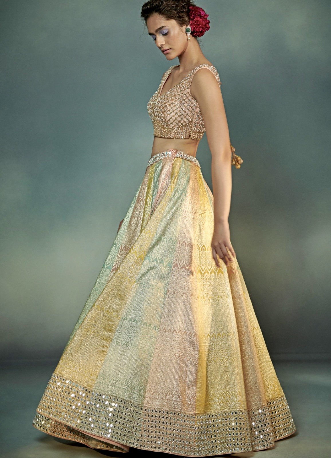 Peach and Yellow Pastel Multi Kali Lehenga Set