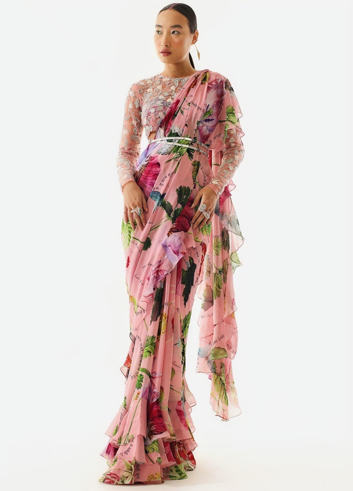 Rishi & Vibhuti - Pink Cotton Embroidery Bugle Delilah Pre-draped Saree  With Bralette For Women