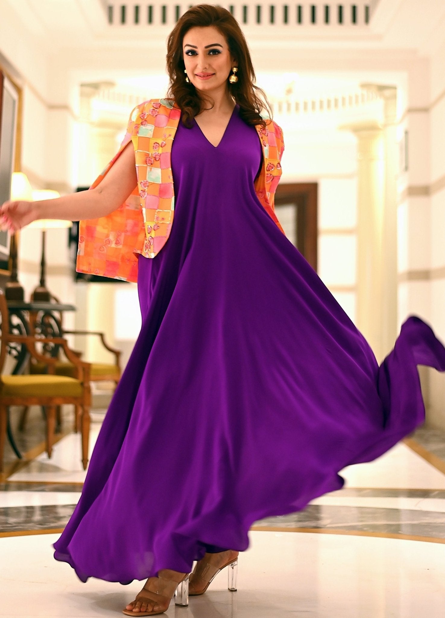 Purple Gown with Printed Jacket Set