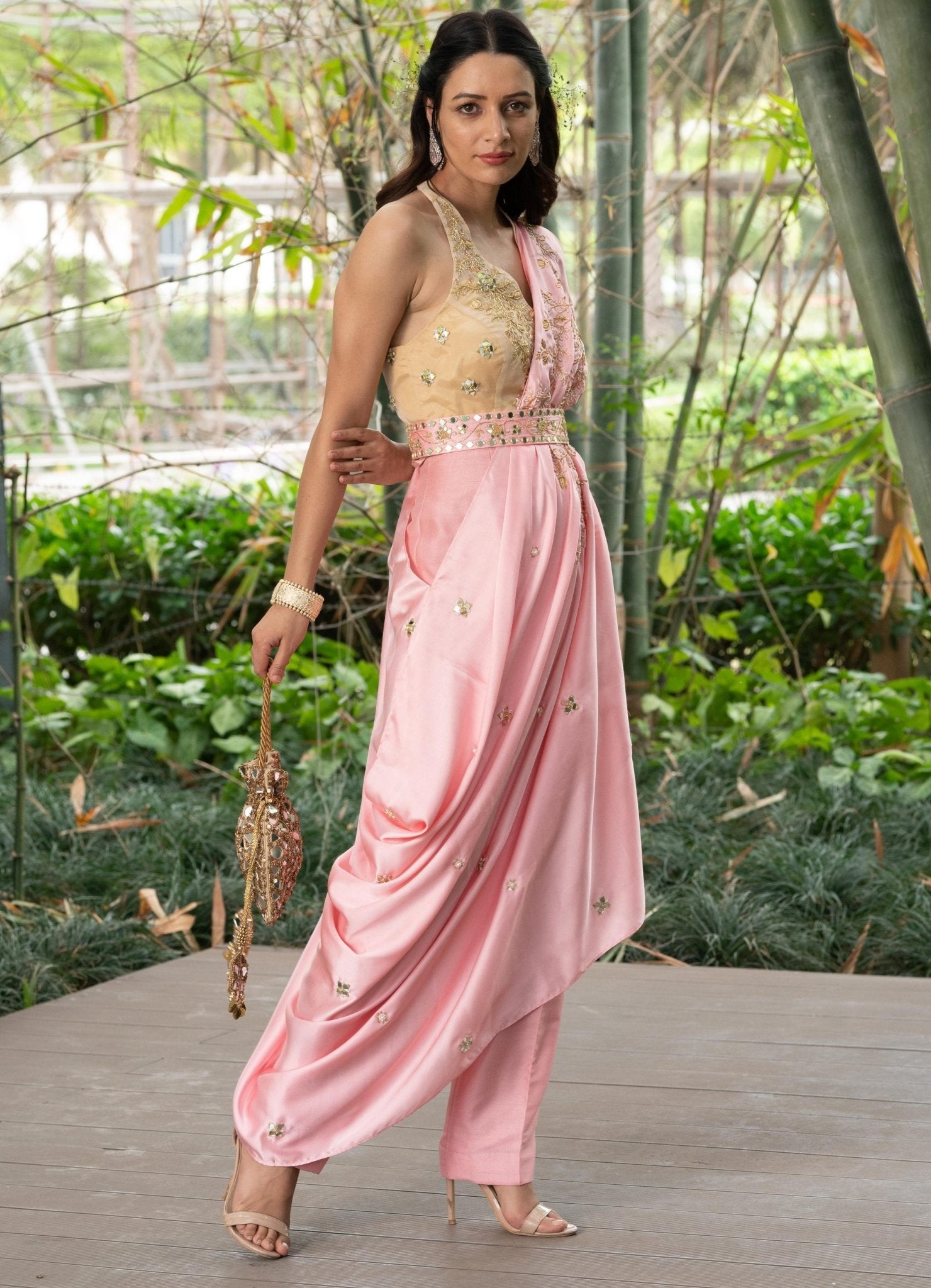 Blush Pink Gota Predraped Saree Set - Seeaash- Fabilicious Fashion