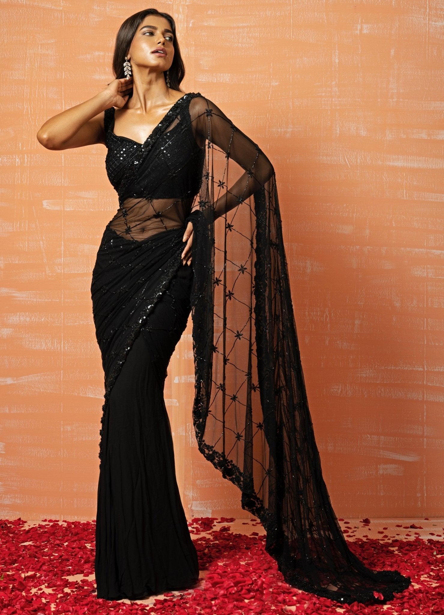 Black Sequins Georgette Saree Set With Belt - Angad Singh- Fabilicious  Fashion