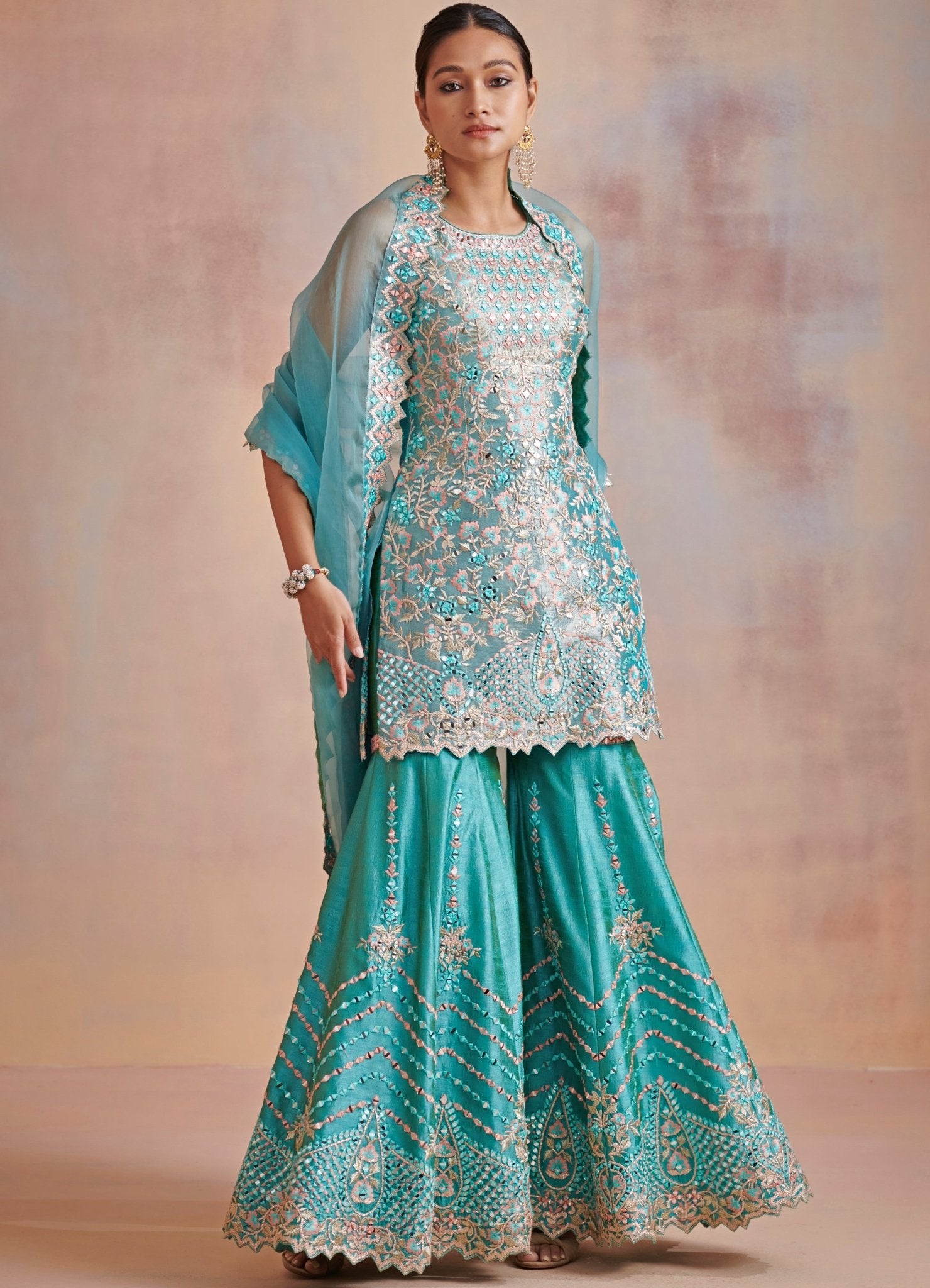 Turquoise Blue Resham and Mirror Tissue Kurta Set - Suhino- Fabilicious  Fashion