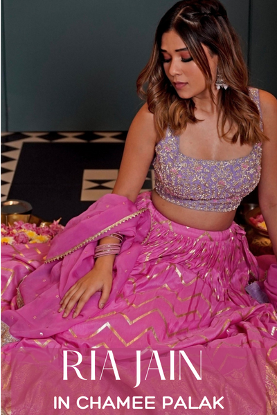 Ria Jain Stuns in Chamee & Palak’s Pink Chevron Lehenga: The Perfect Mehendi Look