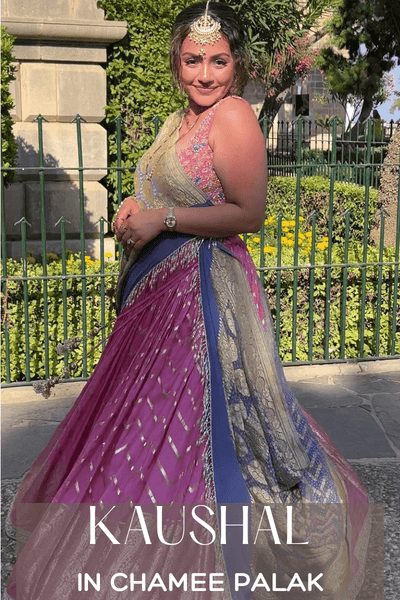 Kaushal’s Elegant Mehendi Look: Pink Chevron Lehenga by Chamee and Palak