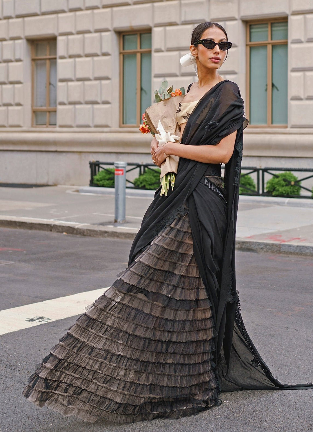 Black And Gold Ruffled Net Saree With Bralette The Little Black Bow Fabilicious Fashion