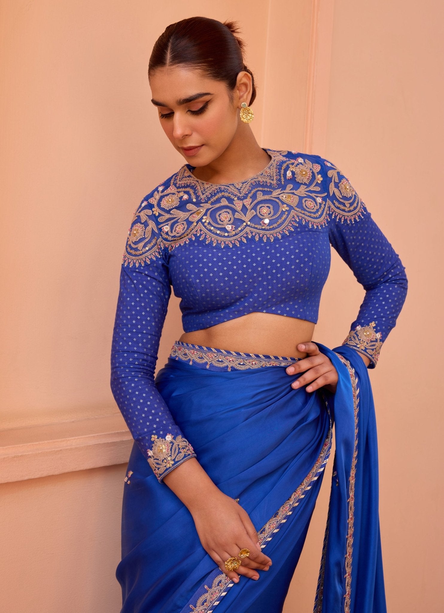 Blue Pure Satin Embroidered Saree Set - Isha Gupta Tayal- Fabilicious ...