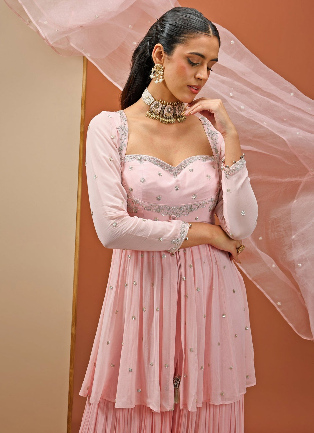 Blush Pink Embellished Georgette Peplum Kurta And Sharara Set