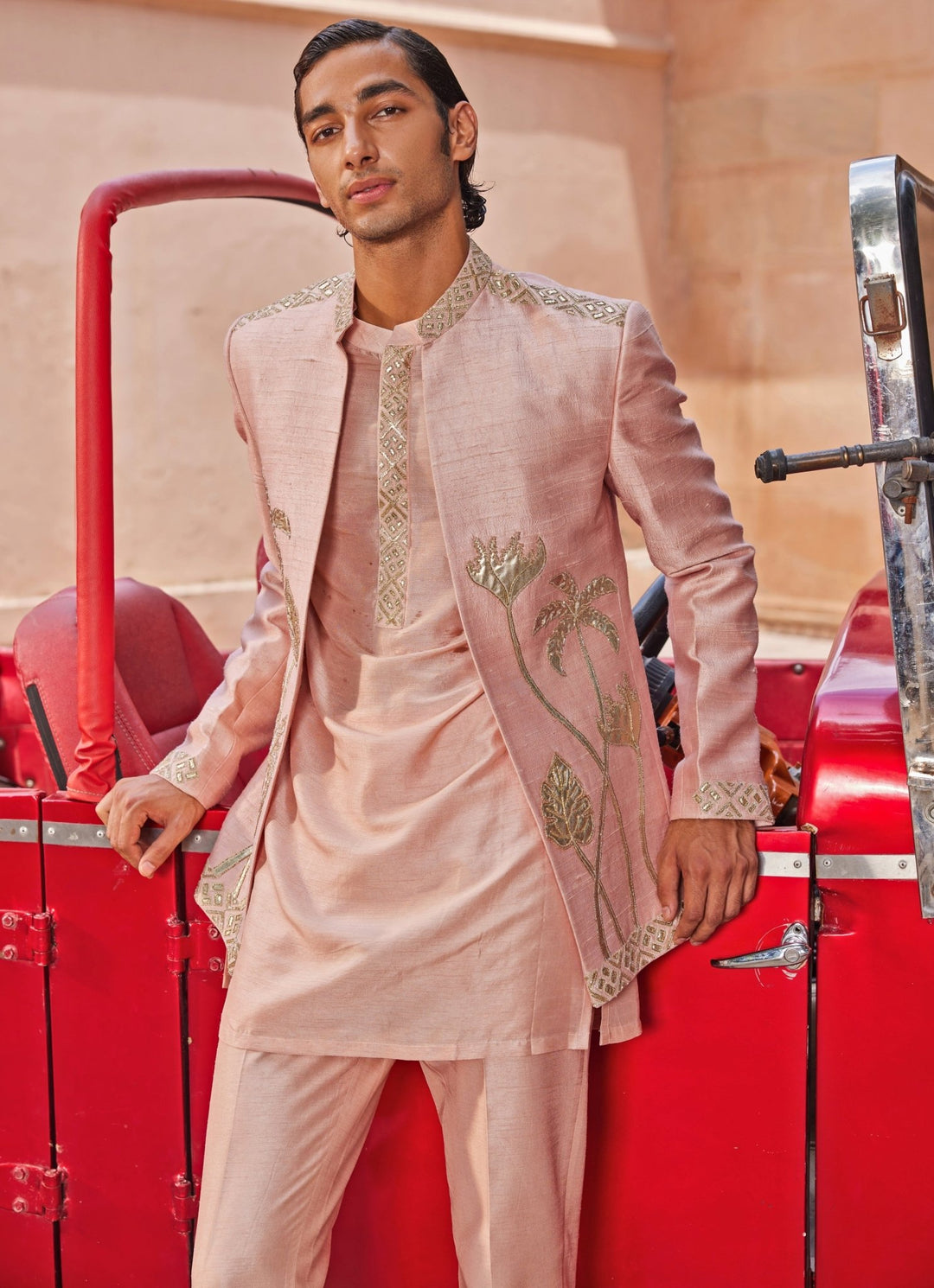 Nude Pink Embroidered Jacket Set Contrast By Parth Fabilicious Fashion