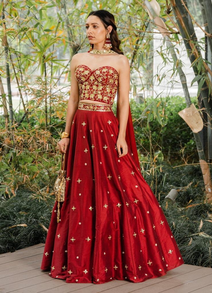Buy Luxurious Red Corset Blouse Lehenga With Red Beadwork