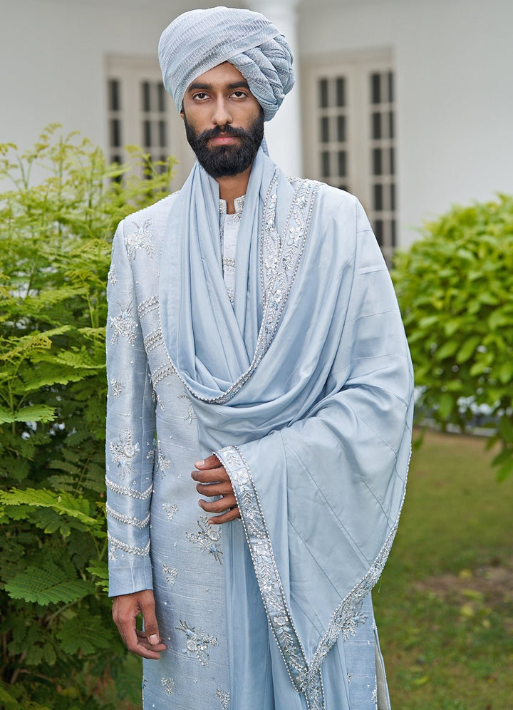 Ash Blue Sherwani Set Contrast by Parth Fabilicious Fashion