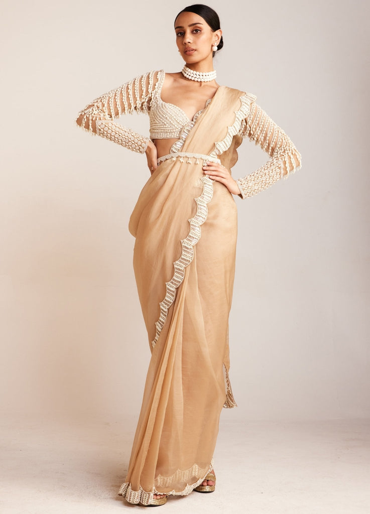 Organza Silk Saree Peachy Beige Color Hand Painted with running blouse -  IndieHaat – Indiehaat.com