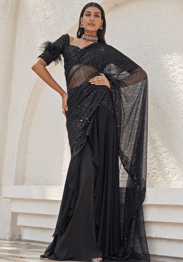 Black Satin & Tulle Sequins Embroidered Pre-Stitched Saree Set – Lady  Selection Inc