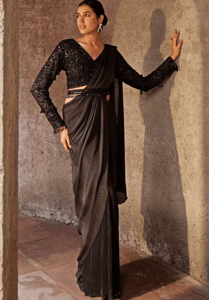 Exclusive saree draping with fancy black bralette