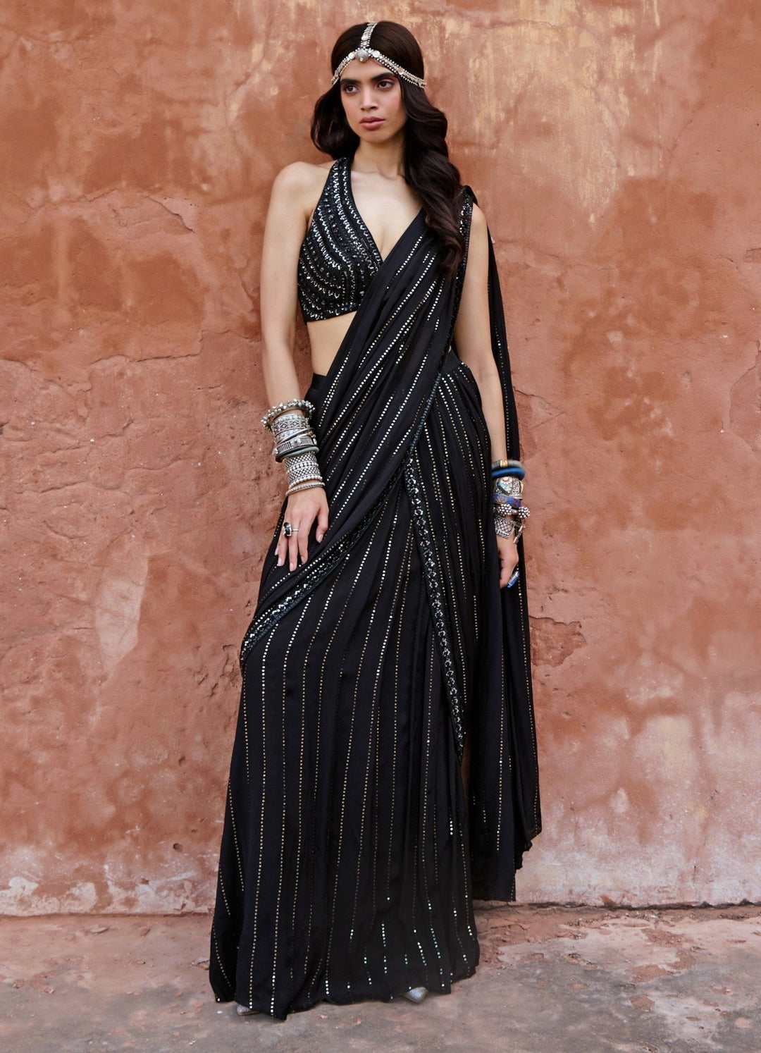 Black Sequined Pre Draped Saree Set - Chamee n Palak- Fabilicious Fashion