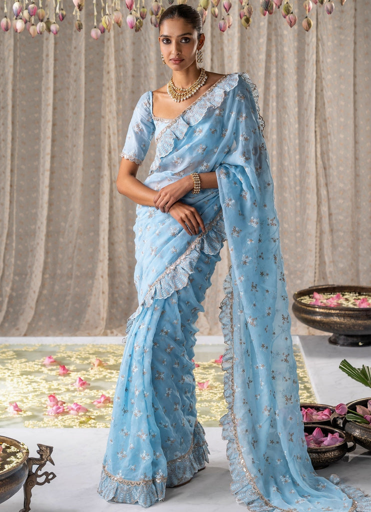 Blue Embellished Organza Saree With Silk Blouse - Mulmul- Fabilicious  Fashion