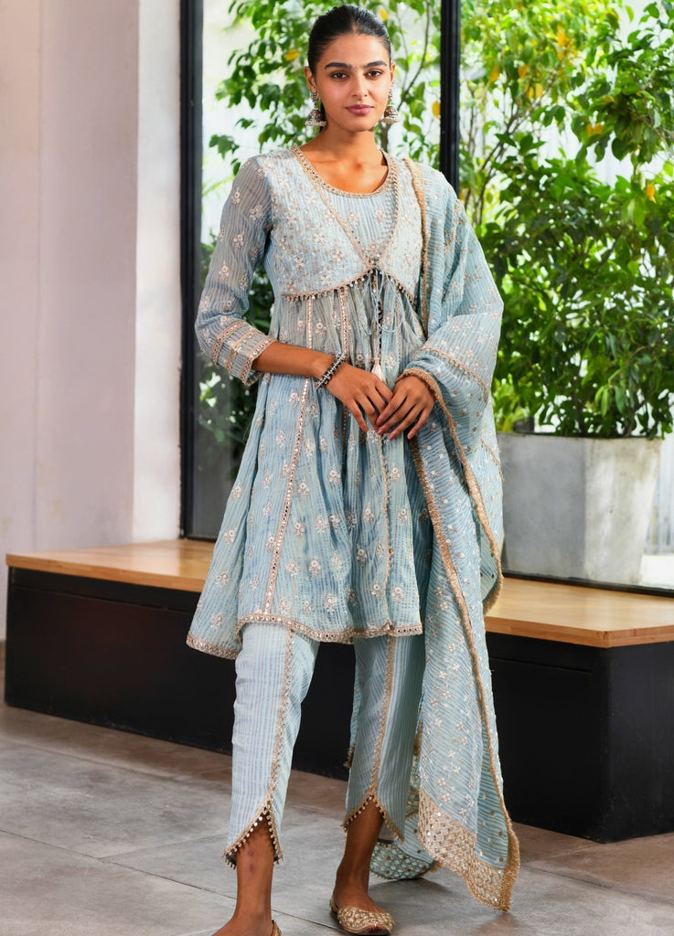 Cotton Blend Golden Short Kurta and Maroon Dhoti and Navy-Blue Modi Jacket  | Exotic India Art