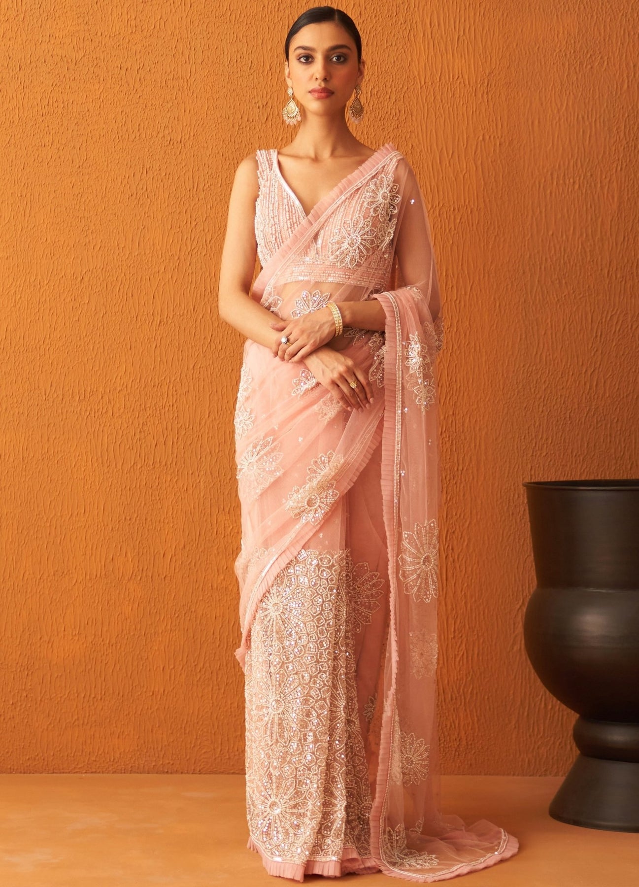 Blush Pink Pearl Embellished Net Saree With Blouse