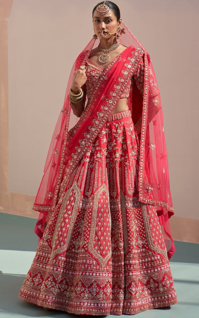 Amazon.com: HALFSAREE STUDIO Red Banarasi silk Lehenga with Double Dupatta  : Clothing, Shoes & Jewelry