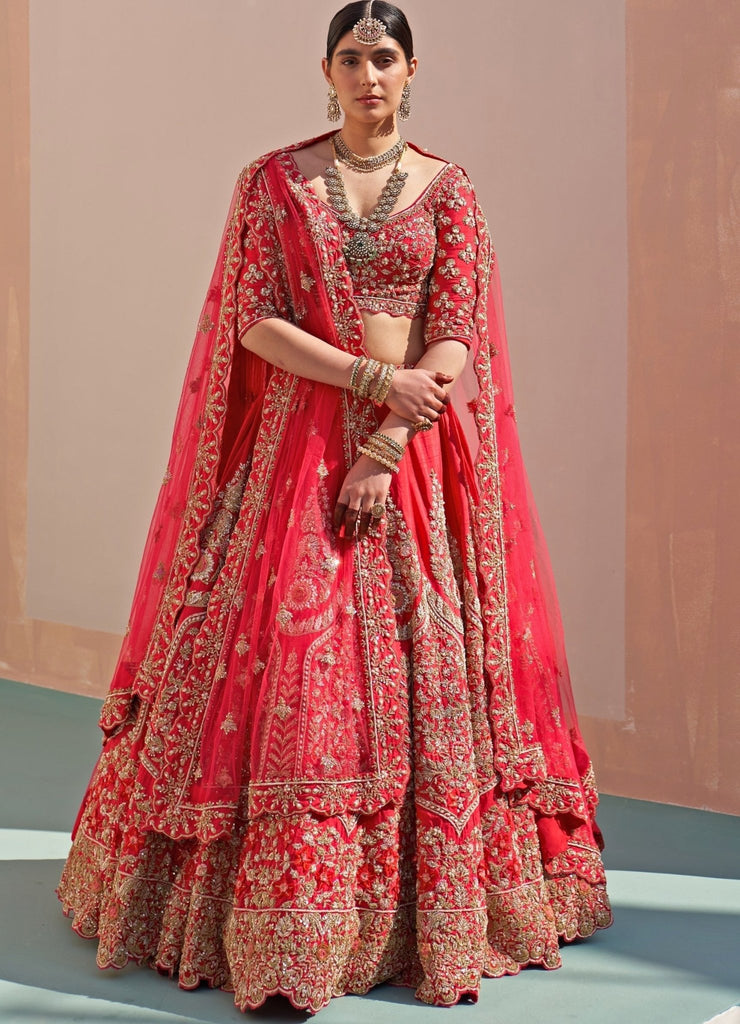 Buy Biking Red Sequins Embroidered Silk Bridal Lehenga With Double Dupatta  Online | Samyakk