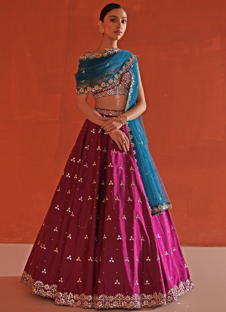 Wine Embellished Raw Silk Lehenga Set With Net Dupatta