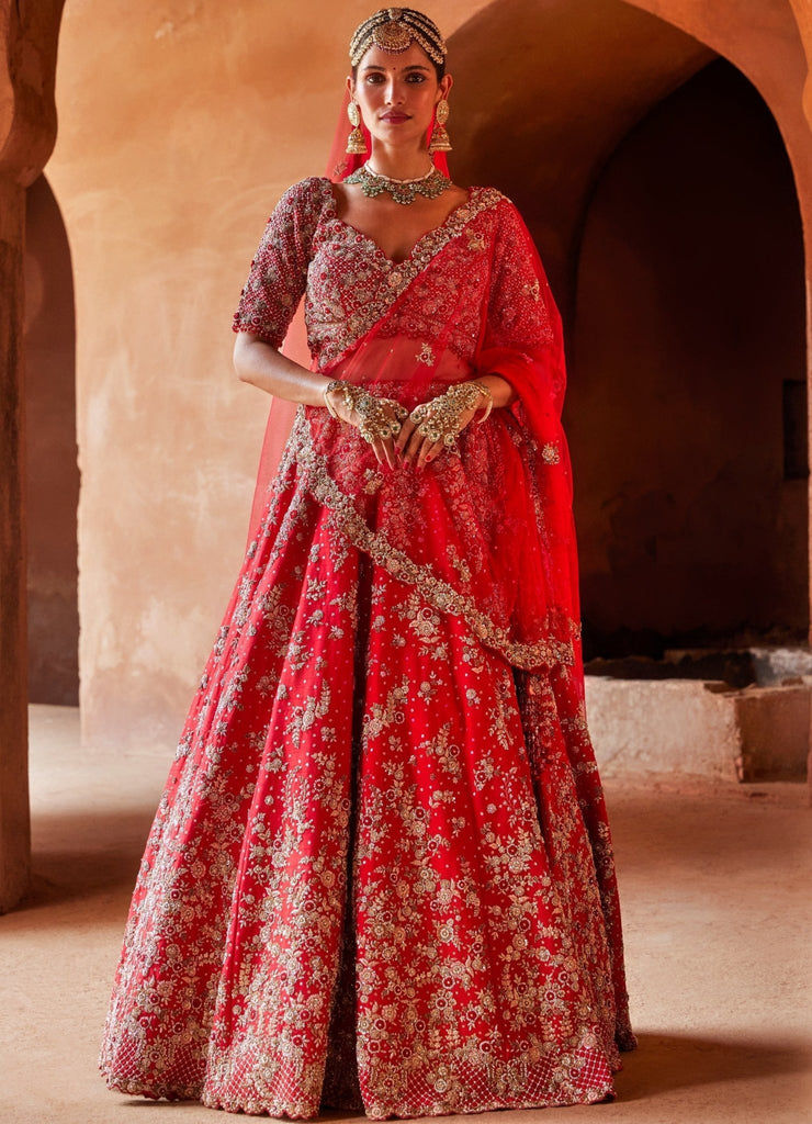 Crimson Red Bridal Lehenga Set With Floral embroidery