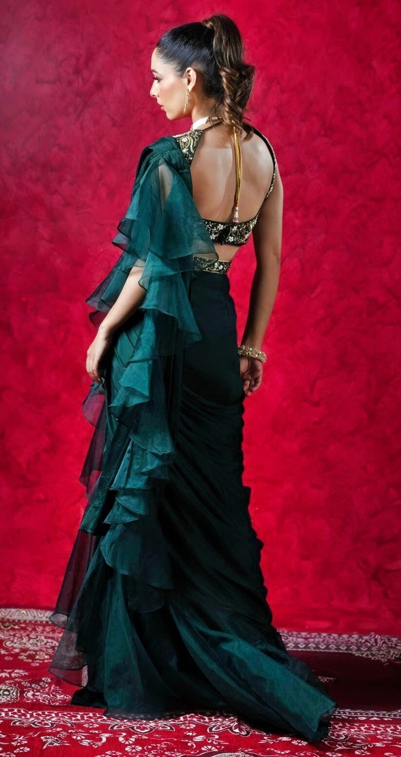 Dark Green Chiffon Ruffled Pre Draped Saree With Embellished Blouse And Belt Rashika Sharma Fabilicious Fashion