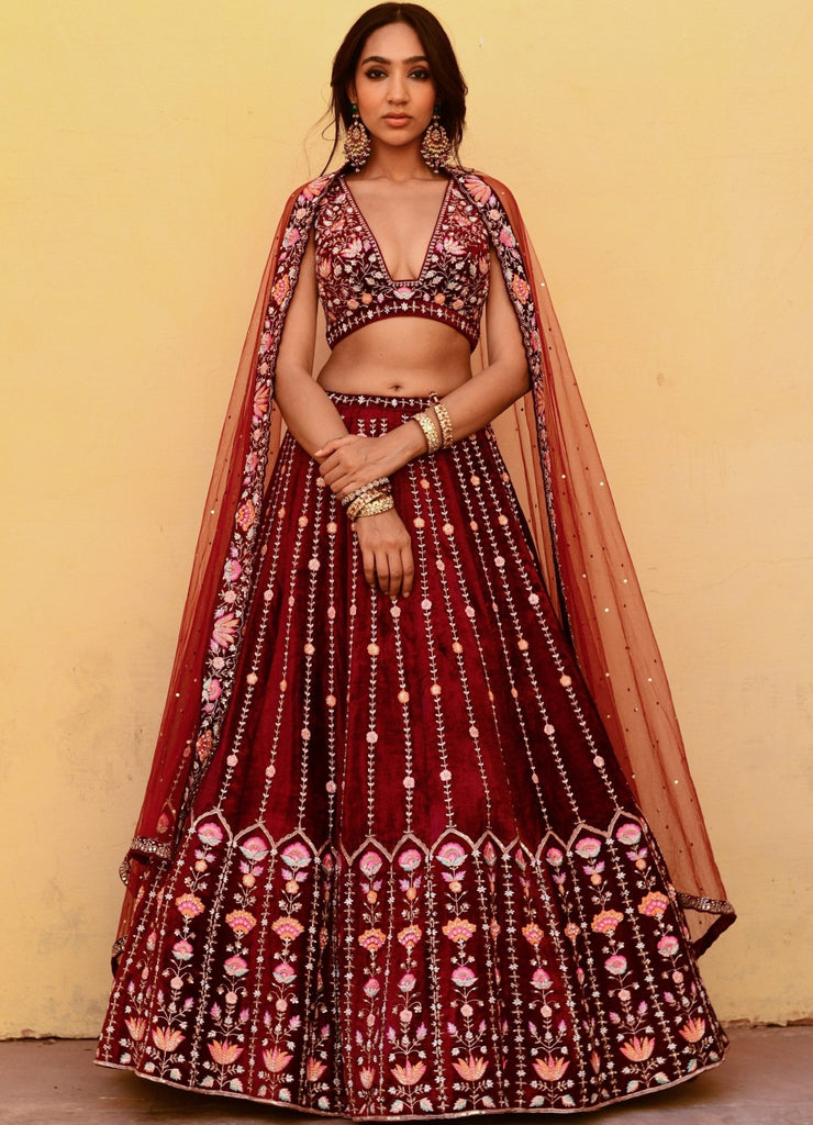 Deep Red Embellished Bridal Velvet Lehenga Set With Dupatta - Mahima  Mahajan- Fabilicious Fashion