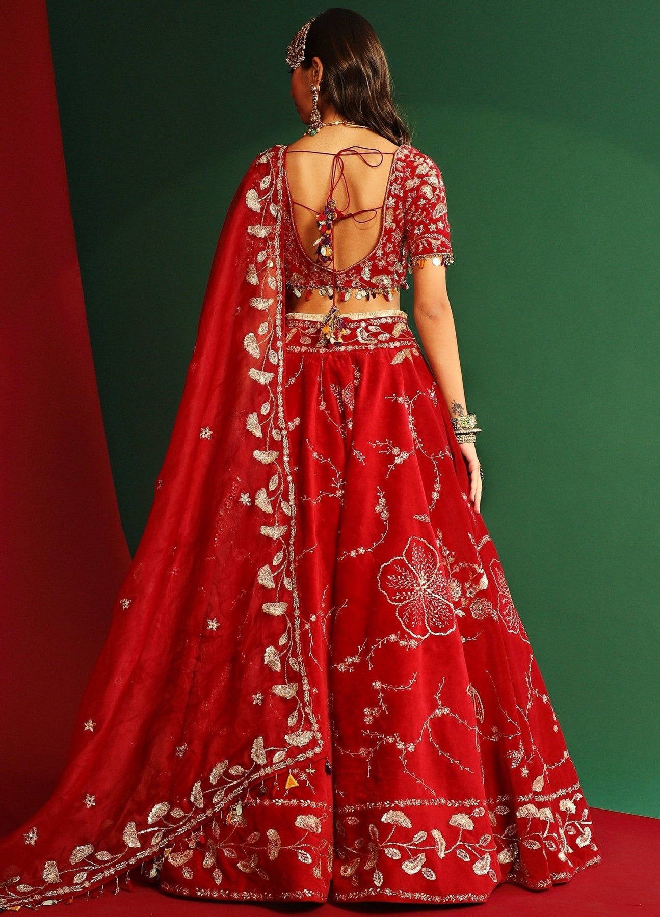 Deep Red Velvet Embroidered Bridal Lehenga Blouse