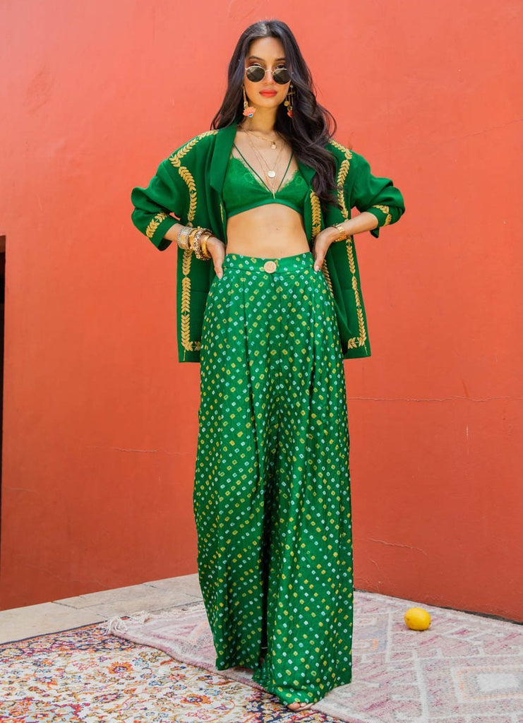 Emerald Green Silk Lehenga With Nude Bralette - The Little Black Bow-  Fabilicious Fashion