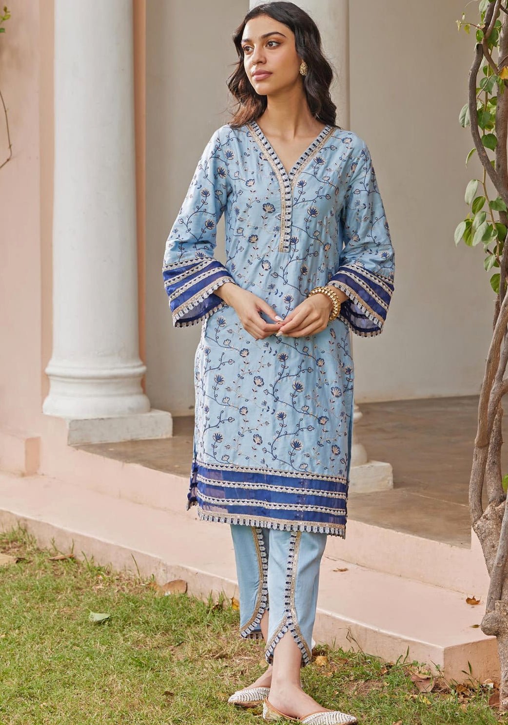 English Blue Mulmul Kurta Set - Mulmul- Fabilicious Fashion