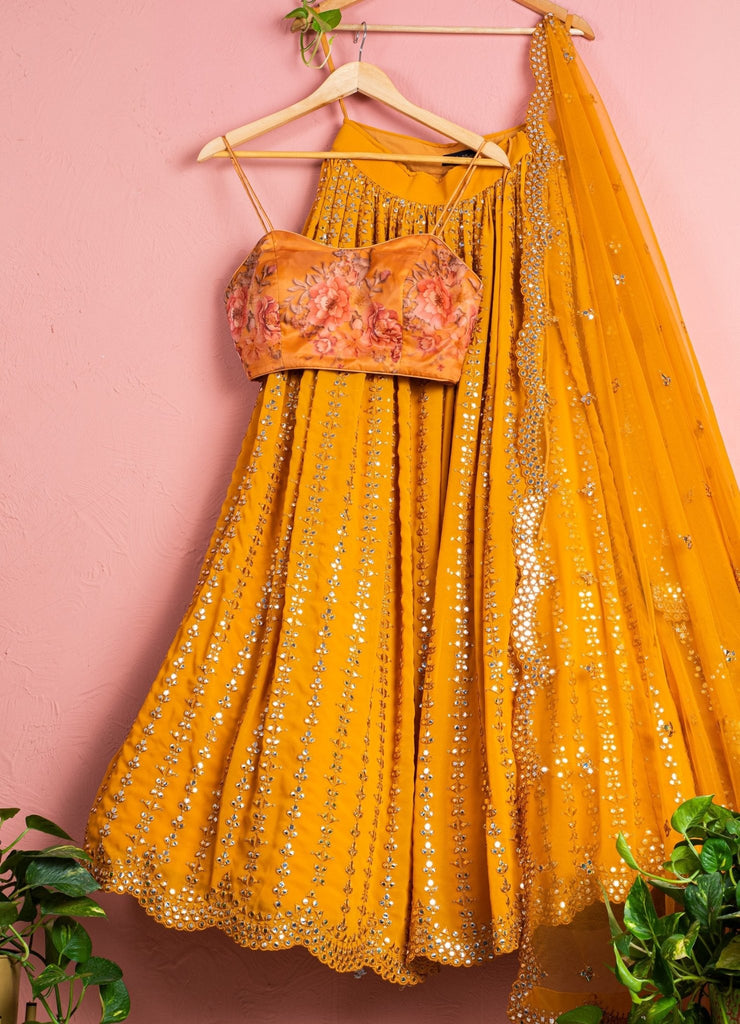 ORANGE FLORAL LEHENGA WITH ORANGE BLOUSE., Fabilicious Fashion