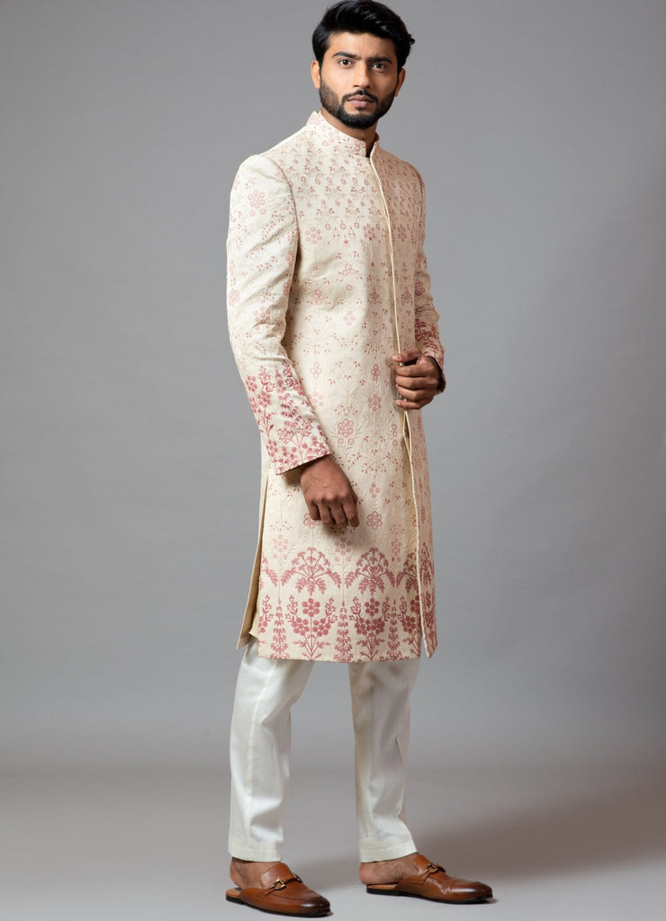 Off White Chikankari Embroidered Groom Sherwani With Pant Latest 535MW17