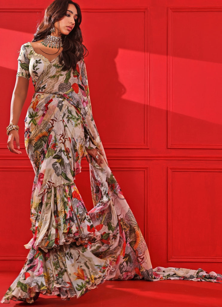 Green Printed Ruffled Saree Set Design by Arpita Mehta at Pernia's Pop Up  Shop 2024