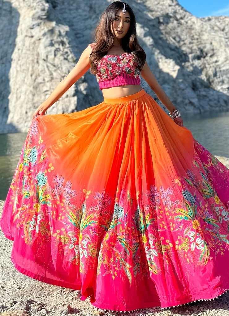 Buy Peach Organza Poncho Style Top With Organza Floral Print Fusion Lehenga  by Designer SCAKHI for Women online at Kaarimarket.com