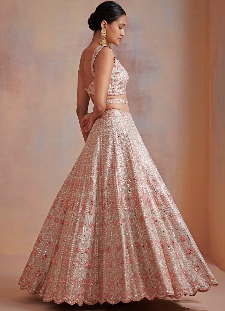 Golden Beige and Dusty Teal Embroidered Lehenga – Lashkaraa