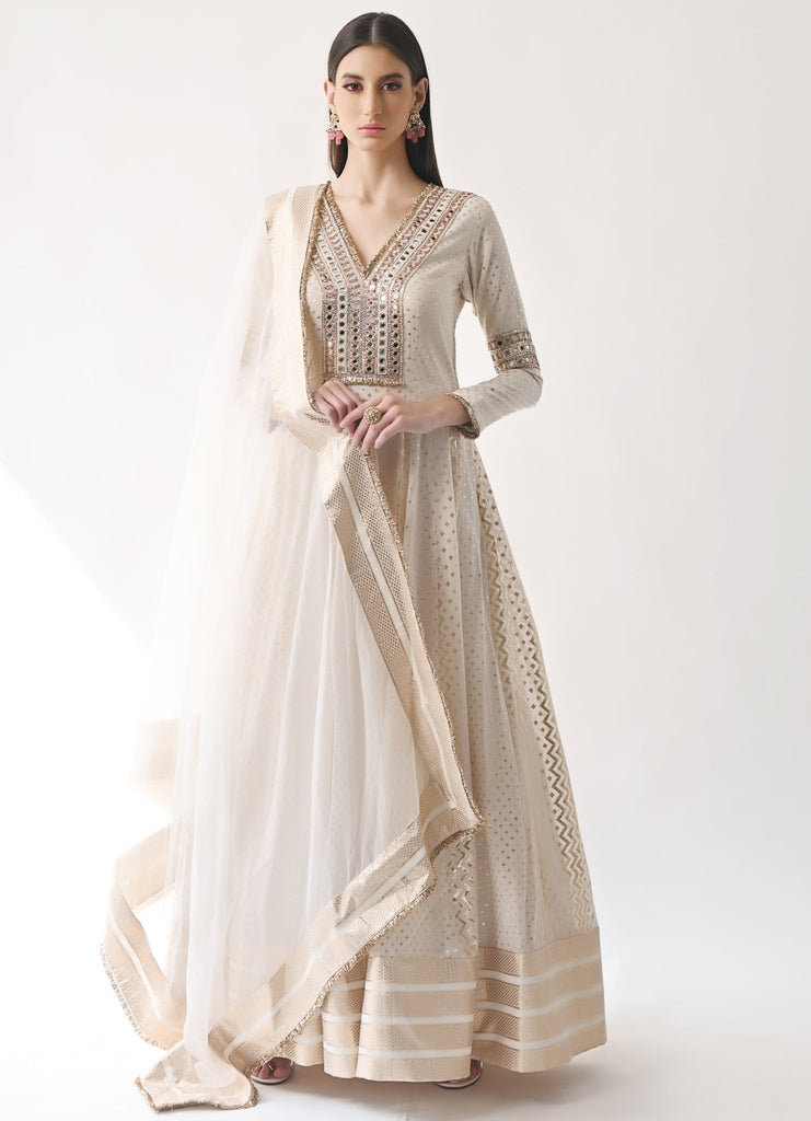 Ivory Embellished Anarkali With Dupatta - Neha Khullar- Fabilicious Fashion