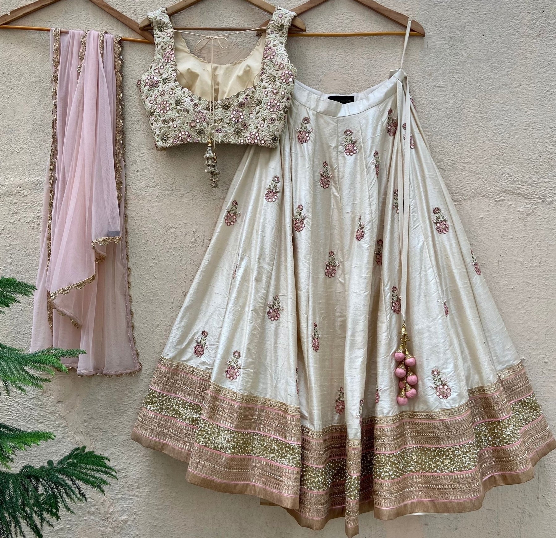 Ivory Raw Silk Lehenga With Floral Embroidery - Priti Sahni