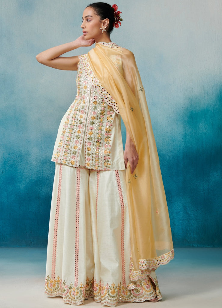 ivory silk front open kurta set with dupattafusionsuhino