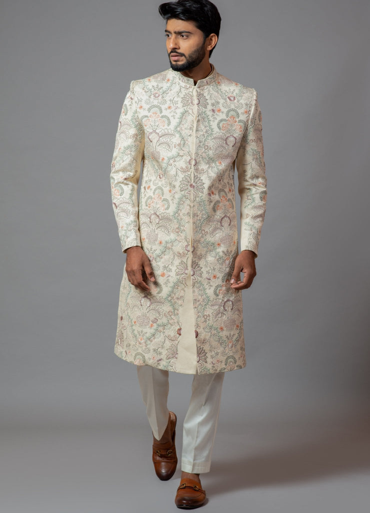 Modest Wear Grey Men Sherwani with Resham Thread Work MSTV01333