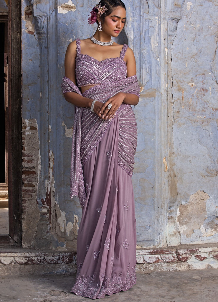 Buy Glossy Lilac Floral Printed Cotton Ceremonial Wear Saree With Blouse -  Zeel Clothing