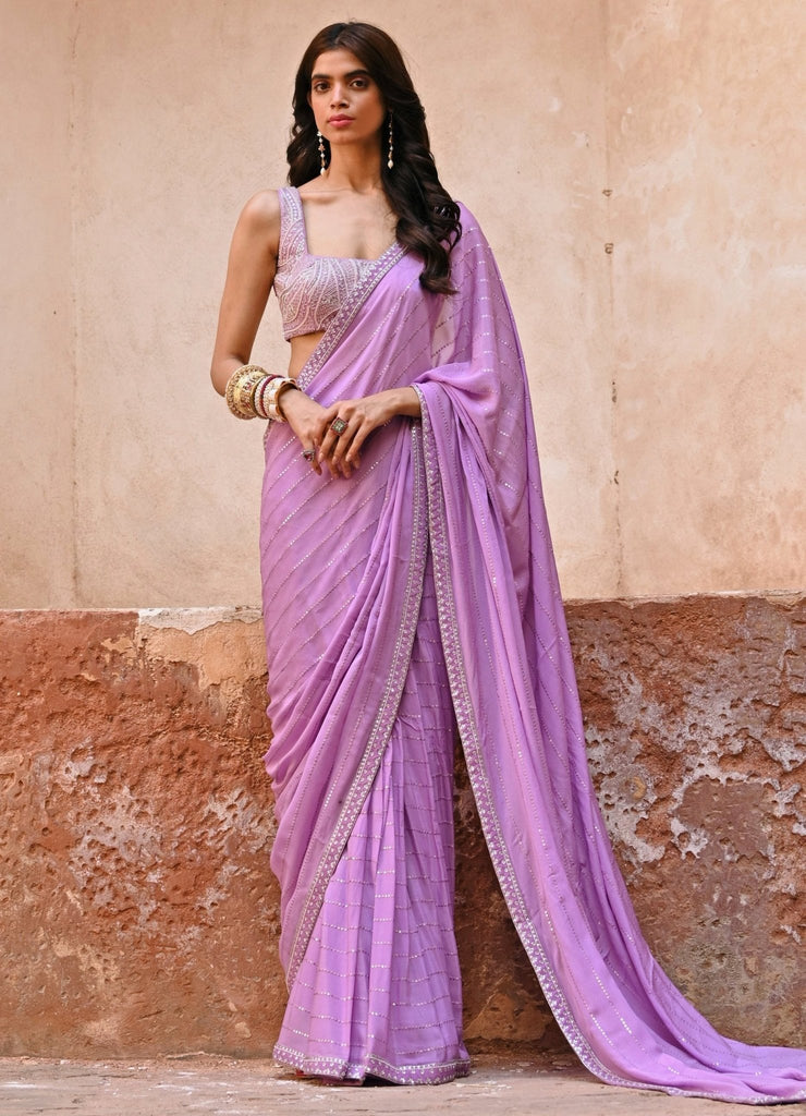 Lavender Marble Print Lightweight Satin Georgette Saree With Unstitched  Blouse - Buy Online in India @ Mehar