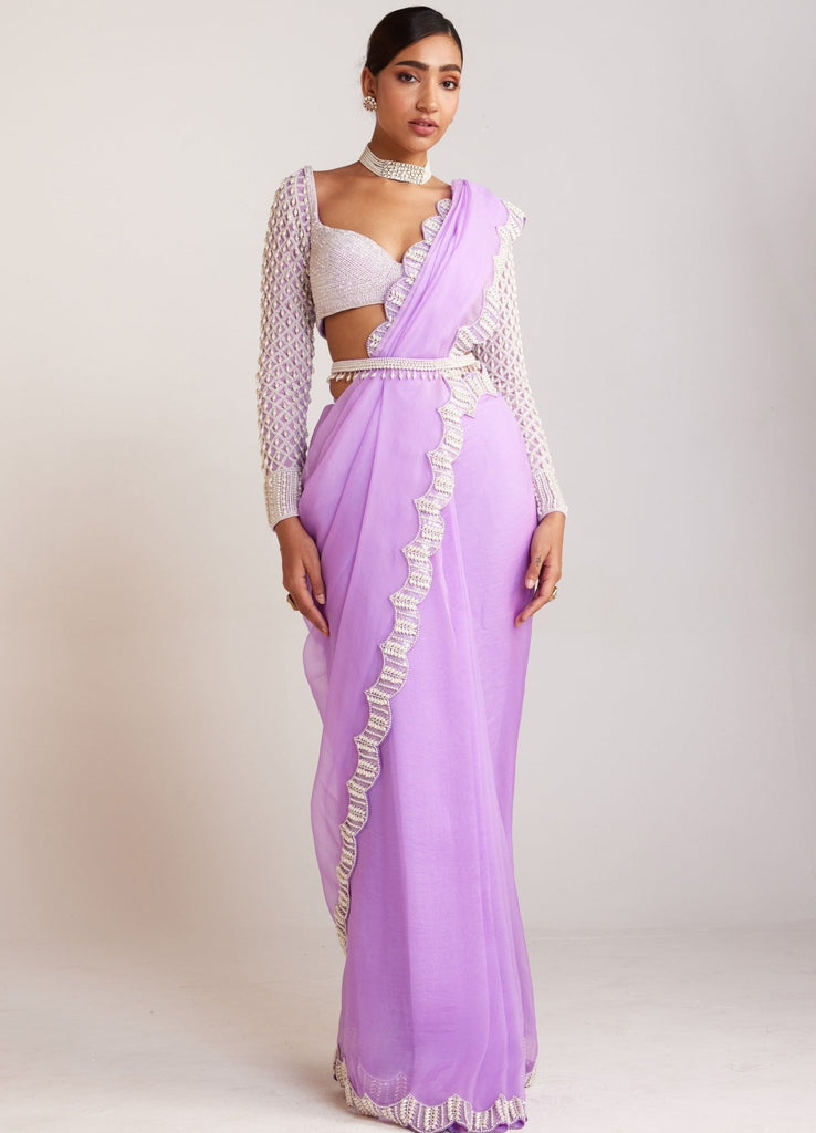 Buy Zari Embroidered Organza Light Purple Saree (NWSA-6069) Online