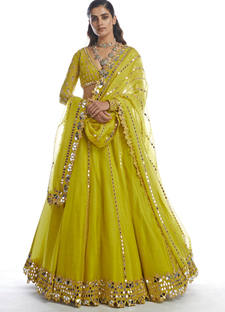 Seeaash Shimmer Chanderi Lehenga Set | Yellow, Mirror, Lehenga, V Neck,  Half | Lehenga, Aza fashion, Yellow lehenga